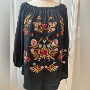 Black boho flower embroidered blouse/ 3/4 sleeve or can be worn off the shoulder